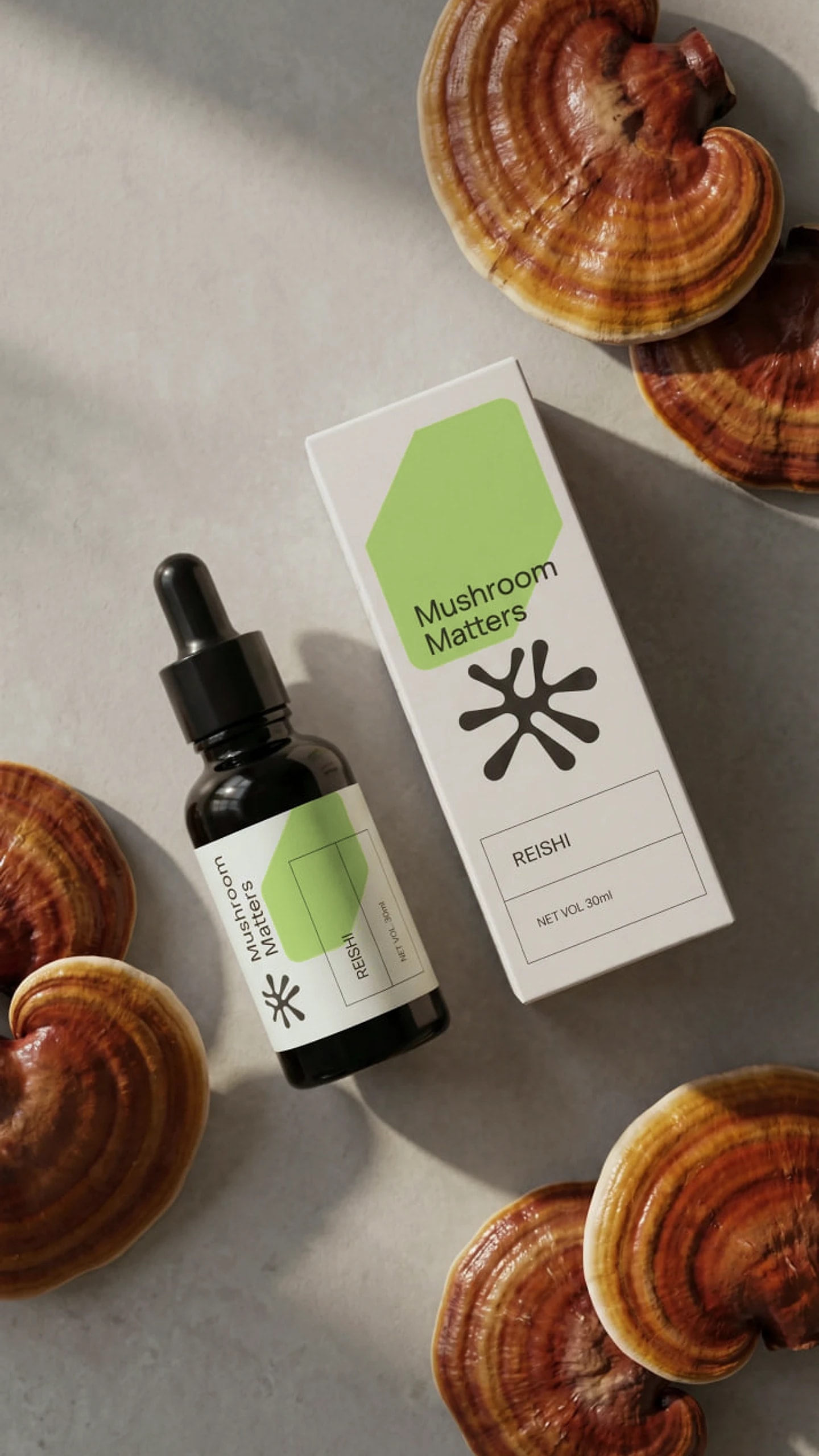 Reishi extract bottle and box photographed from above